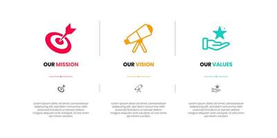 Mission, Vision and Values of company with text. Company infographic Banner template. Modern flat icon design. Abstract icon. Purpose business concept. Mission symbol illustration. vector