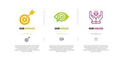 Mission, Vision and Values of company with text. Company infographic Banner template. Modern flat icon design. Abstract icon. Purpose business concept. Mission symbol illustration. vector