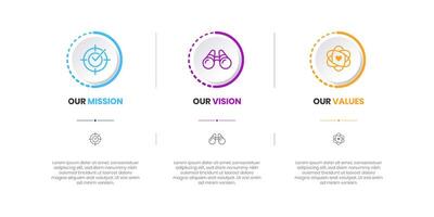 Mission, Vision and Values of company with text. Company infographic Banner template. Modern flat icon design. Abstract icon. Purpose business concept. Mission symbol illustration. vector