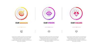 Mission, Vision and Values of company with text. Company infographic Banner template. Modern flat icon design. Abstract icon. Purpose business concept. Mission symbol illustration. vector