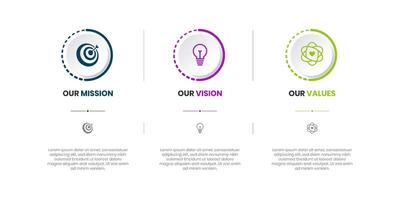 Mission, Vision and Values of company with text. Company infographic Banner template. Modern flat icon design. Abstract icon. Purpose business concept. Mission symbol illustration. vector