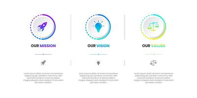 Mission, Vision and Values of company with text. Company infographic Banner template. Modern flat icon design. Abstract icon. Purpose business concept. Mission symbol illustration. vector