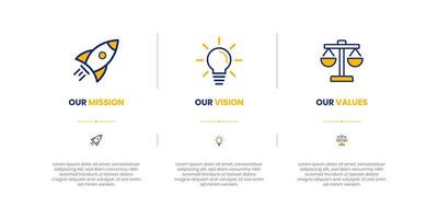 Mission, Vision and Values of company with text. Company infographic Banner template. Modern flat icon design. Abstract icon. Purpose business concept. Mission symbol illustration. vector