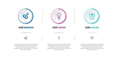 Mission, Vision and Values of company with text. Company infographic Banner template. Modern flat icon design. Abstract icon. Purpose business concept. Mission symbol illustration. vector