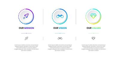 Mission, Vision and Values of company with text. Company infographic Banner template. Modern flat icon design. Abstract icon. Purpose business concept. Mission symbol illustration. vector