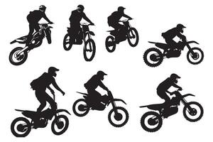 silueta motocross carreras, motocross corredor saltando en un motocicleta gratis vector