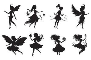 Set of silhouettes of fairies isolated on white background. Magical fairies in the cartoon style free design vector