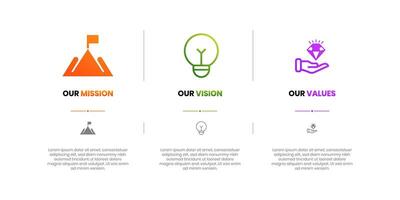 Mission, Vision and Values of company with text. Company infographic Banner template. Modern flat icon design. Abstract icon. Purpose business concept. Mission symbol illustration. vector