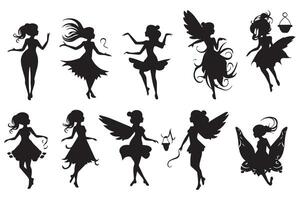 Set of silhouettes Magical fairies in the cartoon style free design vector