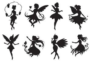 Set of silhouettes of fairies isolated on white background. Magical fairies in the cartoon style free design vector