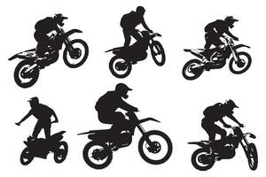 silueta de un motorista haciendo estilo libre trucos en su motocicleta silueta conjunto gratis diseño vector