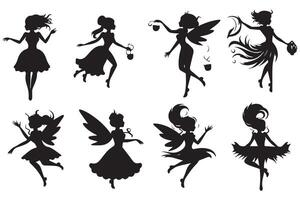 Set of silhouettes of fairies isolated on white background. Magical fairies in the cartoon style free design vector