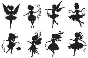 Set of silhouettes of fairies isolated on white background. Magical fairies in the cartoon style free design vector