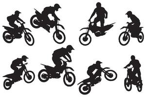 silueta motocross carreras, motocross corredor saltando en un motocicleta gratis vector