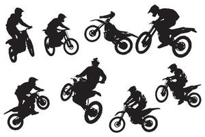 Set silhouette of motorcycle rider performing trick on white background pro design vector