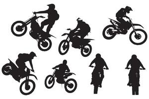 Set silhouette of motorcycle rider performing trick on white background pro design vector