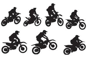 Motocross racing, motocross racer jumping on a motorcycle, isolated silhouette, front view. Ink drawing, freestyle motocross pro design vector