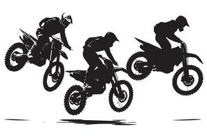 Set silhouette of motorcycle rider performing trick on white background pro design vector