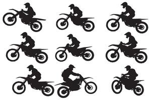 Set silhouette of motorcycle rider performing trick on white background pro design vector