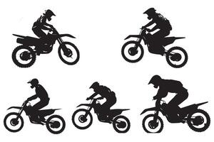 Set silhouette of motorcycle rider performing trick on white background pro design vector