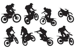 Motocross racing, motocross racer jumping on a motorcycle, isolated silhouette, front view. Ink drawing, freestyle motocross pro design vector