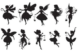 Set of silhouettes Magical fairies in the cartoon style free design vector