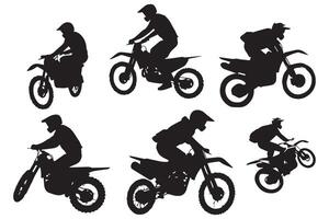 Motocross racing, motocross racer jumping on a motorcycle, isolated silhouette, front view. Ink drawing, freestyle motocross pro design vector