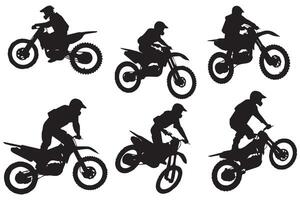 Set silhouette of motorcycle rider performing trick on white background pro design vector