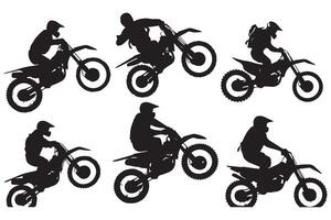 Motocross racing, motocross racer jumping on a motorcycle, isolated silhouette, front view. Ink drawing, freestyle motocross pro design vector