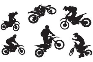 silueta de un motorista haciendo estilo libre trucos en su motocicleta silueta conjunto gratis diseño vector