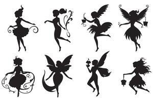 Set of silhouettes of fairies isolated on white background. Magical fairies in the cartoon style free design vector