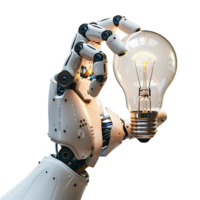 Ai robot hand holding lightbulb on isolated transparent background png