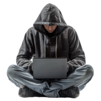 hacker of een Mens in capuchon gebruik makend van laptop Aan geïsoleerd transparant achtergrond png