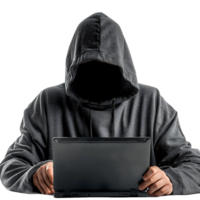 Hacker oder ein Mann im Kapuzenpullover mit Laptop auf isoliert transparent Hintergrund png