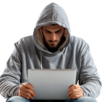 hacker of een Mens in capuchon gebruik makend van laptop Aan geïsoleerd transparant achtergrond png