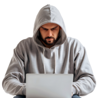 Hacker oder ein Mann im Kapuzenpullover mit Laptop auf isoliert transparent Hintergrund png