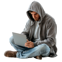 hacker of een Mens in capuchon gebruik makend van laptop Aan geïsoleerd transparant achtergrond png