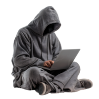 Hacker oder ein Mann im Kapuzenpullover mit Laptop auf isoliert transparent Hintergrund png