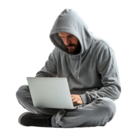 hacker of een Mens in capuchon gebruik makend van laptop Aan geïsoleerd transparant achtergrond png