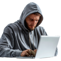 pirate ou une homme dans sweat à capuche en utilisant portable sur isolé transparent Contexte png