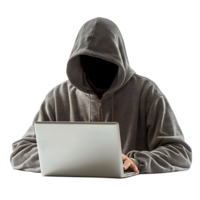 Hacker oder ein Mann im Kapuzenpullover mit Laptop auf isoliert transparent Hintergrund png