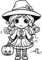 Cute little witch with pumpkin. Black and white illustration for coloring book. vector