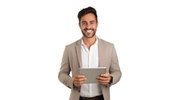 Happy man with tablet in hands cut out. Isolated smiling man holding tablet in front view png