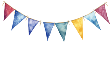 Hanging party flags in watercolor cut out. Colorful birthday flag on transparent background png