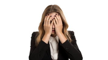 Young business woman covering eyes with hands on transparent background png