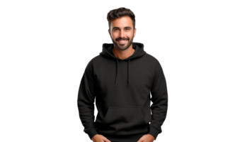 Man in black hoodie mockup cut out. Happy man in sweatshirt on transparent background png