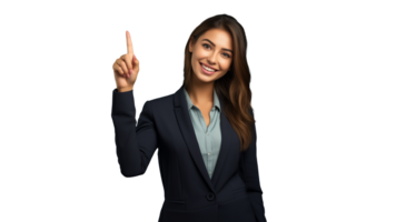 Young happy business woman pointing finger up cut out png