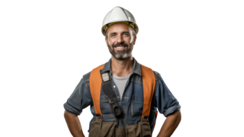 Happy builder cut out. Smiling builder man with helmet on transparent background png