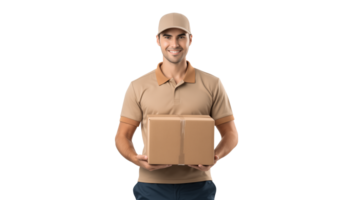 White courier with box in hands. Delivery guy in front view with package box on transparent background png