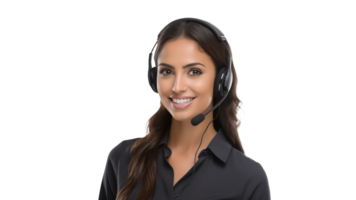 Young support woman with headset cut out. Isolated smiling support woman with headphone and mic png